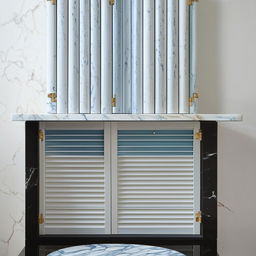 White and blue fluted shutters forming storage unit situated above a black marble side table
