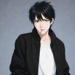 Anime character with messy black hair, striking blue eyes, wearing a sleek black jacket, and casually holding a lit cigarette