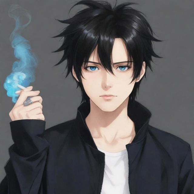 Anime character with messy black hair, striking blue eyes, wearing a sleek black jacket, and casually holding a lit cigarette