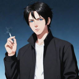 Anime character with messy black hair, striking blue eyes, wearing a sleek black jacket, and casually holding a lit cigarette