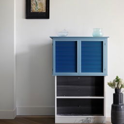 White and blue fluted shutters forming storage unit situated above a black marble side table