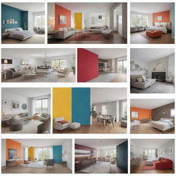 An informative image comprising various interior designs with distinct color schemes and accompanying text detailing their emotional impacts from a design perspective.