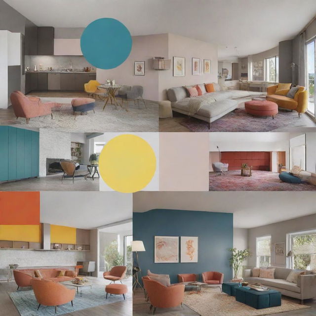 An informative image comprising various interior designs with distinct color schemes and accompanying text detailing their emotional impacts from a design perspective.