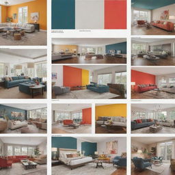 An informative image comprising various interior designs with distinct color schemes and accompanying text detailing their emotional impacts from a design perspective.