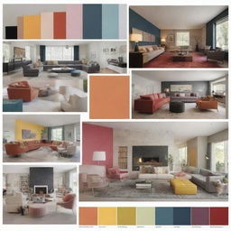 An informative image comprising various interior designs with distinct color schemes and accompanying text detailing their emotional impacts from a design perspective.