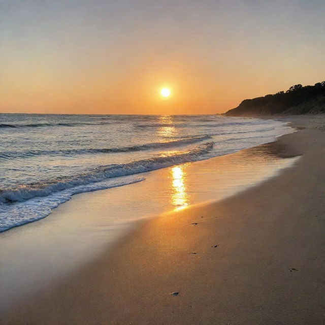 A beach scene during sunset, with the orange sun casting a bronzing glow over the sands and the tranquil ocean.