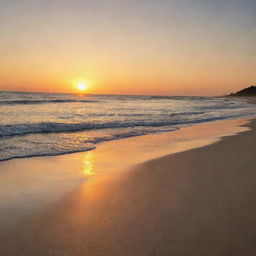 A beach scene during sunset, with the orange sun casting a bronzing glow over the sands and the tranquil ocean.