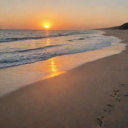 A beach scene during sunset, with the orange sun casting a bronzing glow over the sands and the tranquil ocean.