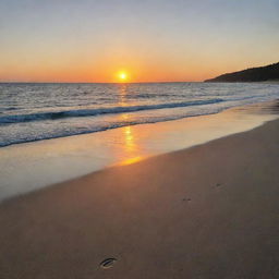 A beach scene during sunset, with the orange sun casting a bronzing glow over the sands and the tranquil ocean.