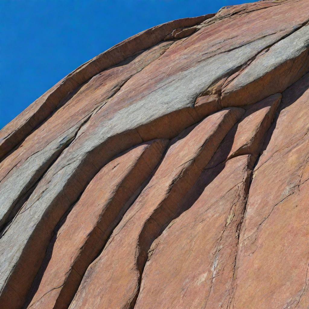 A detailed, striking image of a large, weathered rock with intricate textures, against a backdrop of a clear blue sky.