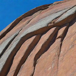 A detailed, striking image of a large, weathered rock with intricate textures, against a backdrop of a clear blue sky.