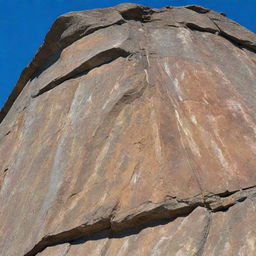 A detailed, striking image of a large, weathered rock with intricate textures, against a backdrop of a clear blue sky.