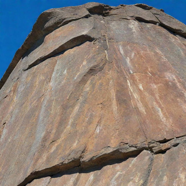 A detailed, striking image of a large, weathered rock with intricate textures, against a backdrop of a clear blue sky.