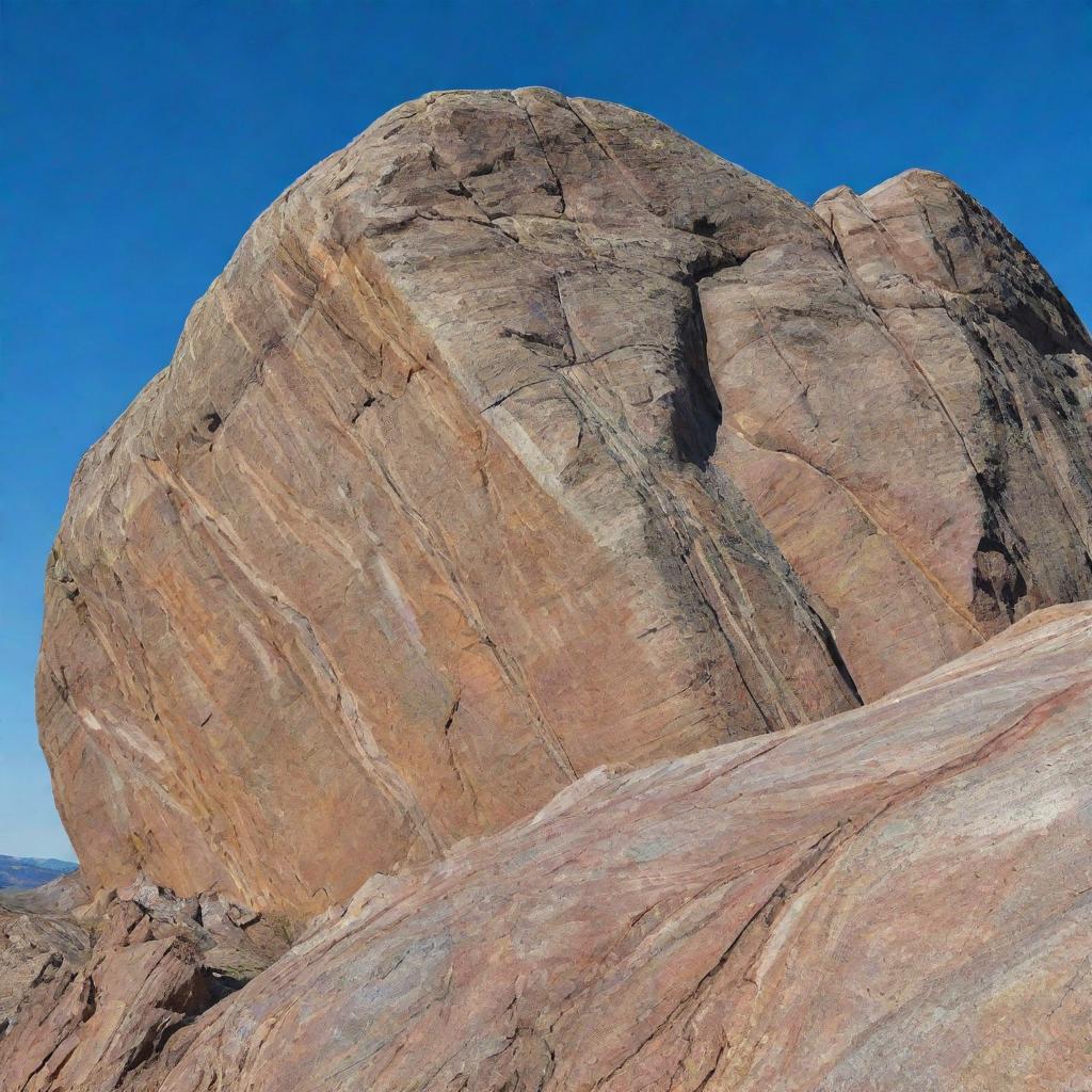 A detailed, striking image of a large, weathered rock with intricate textures, against a backdrop of a clear blue sky.