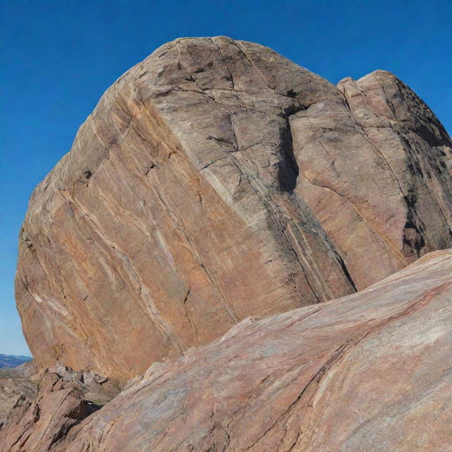 A detailed, striking image of a large, weathered rock with intricate textures, against a backdrop of a clear blue sky.