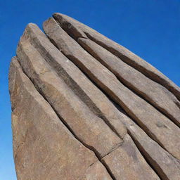 A detailed, striking image of a large, weathered rock with intricate textures, against a backdrop of a clear blue sky.