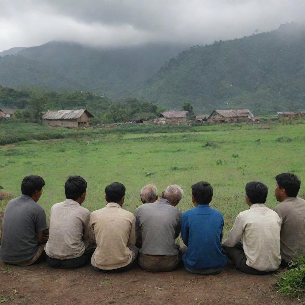 A group of villagers engrossed in a discussion under the overcast sky of their pastoral village.