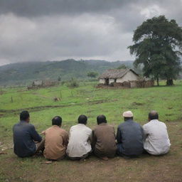 A group of villagers engrossed in a discussion under the overcast sky of their pastoral village.