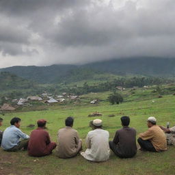 A group of villagers engrossed in a discussion under the overcast sky of their pastoral village.