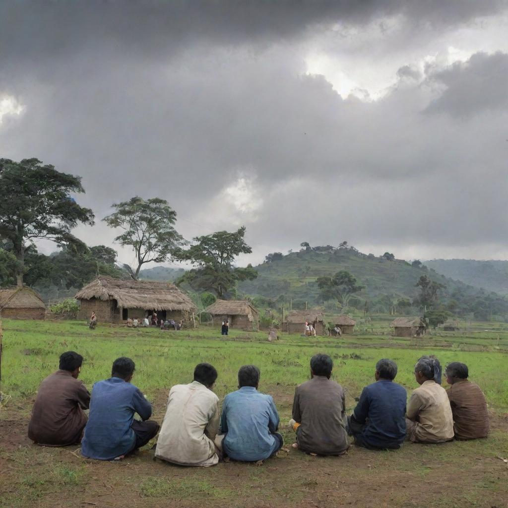 A group of villagers engrossed in a discussion under the overcast sky of their pastoral village.