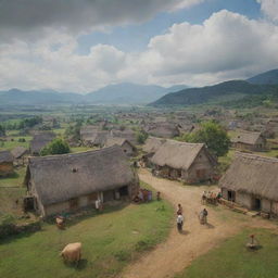 Animated scene of villagers jovially congregated in a cozy village under a cloudy sky