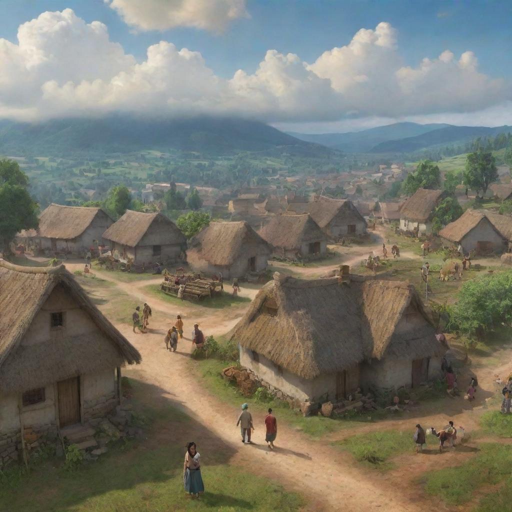 Animated scene of villagers jovially congregated in a cozy village under a cloudy sky