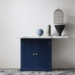 White and blue fluted shutters forming storage unit situated above a black marble side table