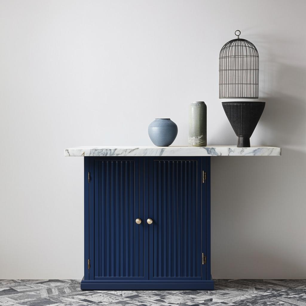 White and blue fluted shutters forming storage unit situated above a black marble side table