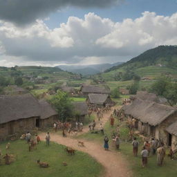 Animated scene of villagers jovially congregated in a cozy village under a cloudy sky