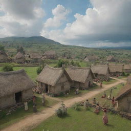 Animated scene of villagers jovially congregated in a cozy village under a cloudy sky