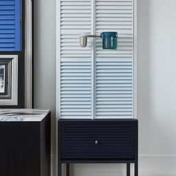 White and blue fluted shutters forming storage unit situated above a black marble side table