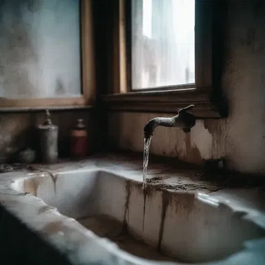 The dripping sound coming from the faucet in the abandoned house added to the horror movie atmosphere.