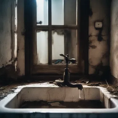 The dripping sound coming from the faucet in the abandoned house added to the horror movie atmosphere.