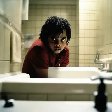 The suspenseful scene from the thriller movie had the protagonist hiding behind a bathroom faucet.