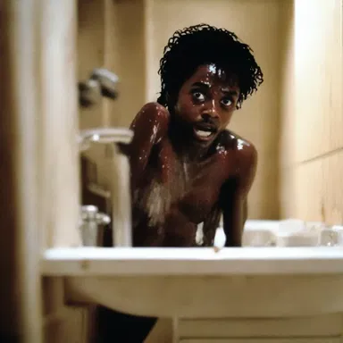 The suspenseful scene from the thriller movie had the protagonist hiding behind a bathroom faucet.