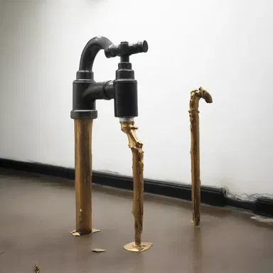 The artist used a broken faucet as a symbol of wasted resources in their thought-provoking installation.