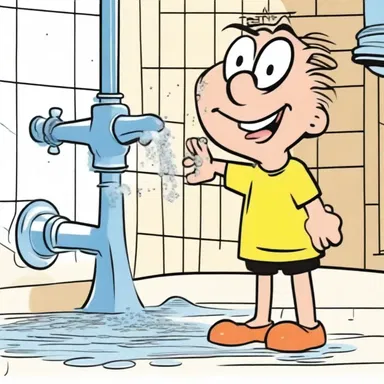 In the comic strip, the mischievous character turned the faucet handle to spray water all over the bathroom floor.