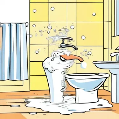 In the comic strip, the mischievous character turned the faucet handle to spray water all over the bathroom floor.