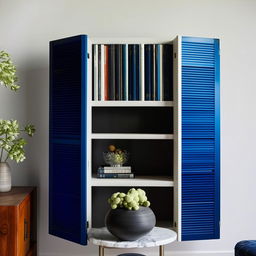 White and blue fluted shutters forming storage unit situated above a black marble side table