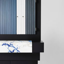 White and blue fluted shutters forming storage unit situated above a black marble side table