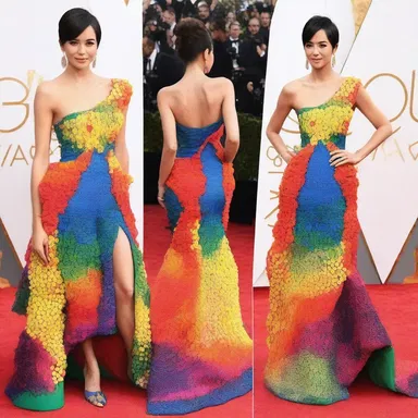The fashion-forward celebrity rocked the red carpet in a unique and vibrant dress inspired by the colors and ingredients of chop suey.