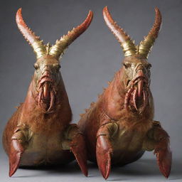Lobsters that resemble horses ready for battle, wearing golden crowns on their heads. Their faces are human-like, with hair similar to a woman's, and teeth like that of a lion.