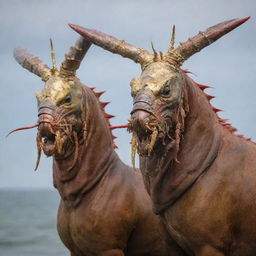 Lobsters that resemble horses ready for battle, wearing golden crowns on their heads. Their faces are human-like, with hair similar to a woman's, and teeth like that of a lion.