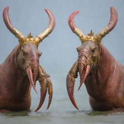 Lobsters that resemble horses ready for battle, wearing golden crowns on their heads. Their faces are human-like, with hair similar to a woman's, and teeth like that of a lion.