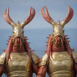Lobsters that resemble horses ready for battle, wearing golden crowns on their heads. Their faces are human-like, with hair similar to a woman's, and teeth like that of a lion.