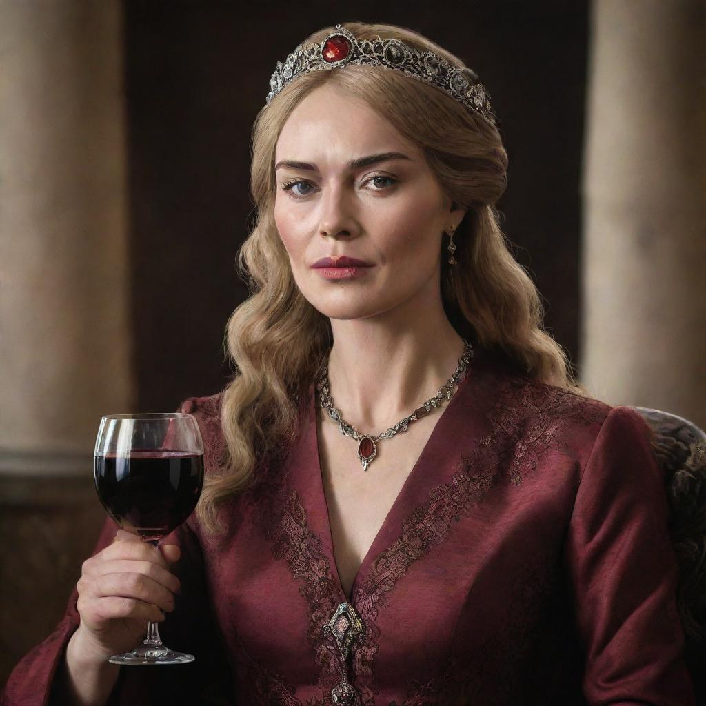 Realistic portrait of the character Cersei Lannister from 'Game of Thrones', elegantly dressed with a goblet of red wine in her hand