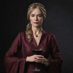 Realistic portrait of the character Cersei Lannister from 'Game of Thrones', elegantly dressed with a goblet of red wine in her hand