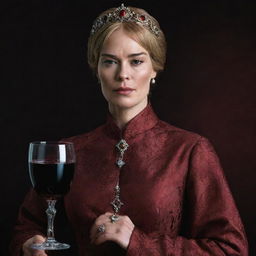 Realistic portrait of the character Cersei Lannister from 'Game of Thrones', elegantly dressed with a goblet of red wine in her hand