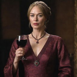 Realistic portrait of the character Cersei Lannister from 'Game of Thrones', elegantly dressed with a goblet of red wine in her hand