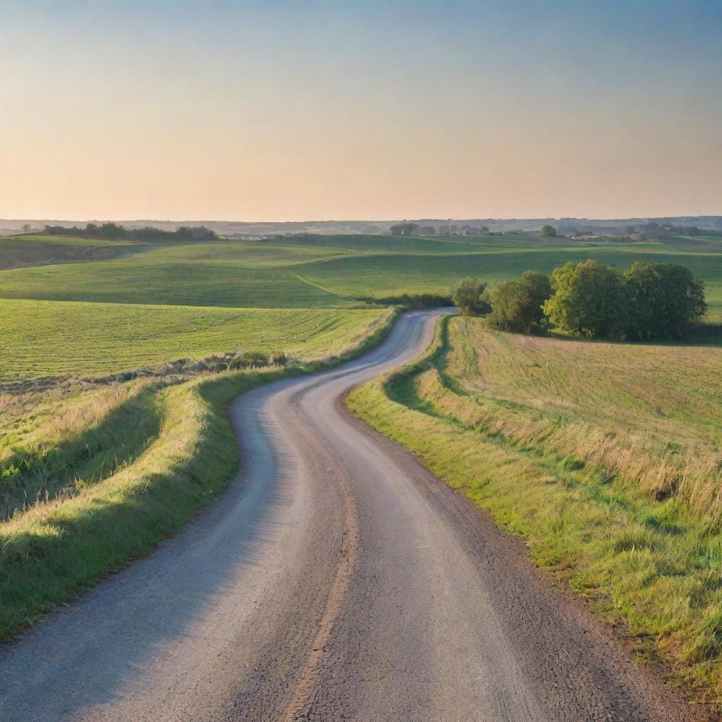 A peaceful rural scene during a warm afternoon, with a clear blue sky, sun gently sinking towards the horizon, and an empty country road winding between green fields.